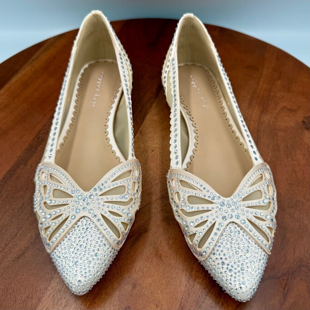 Copper Key Ritzie Satin Mesh Rhinestone Butterfly‎ Flats Bridal Fairy Glam W 8.5
